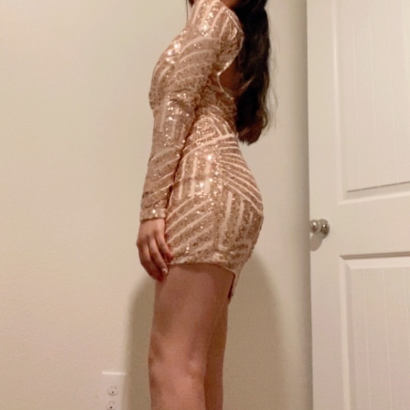 B Darlin Rose Gold Long Sleeve Backless Dress - Picture 2 of 5
